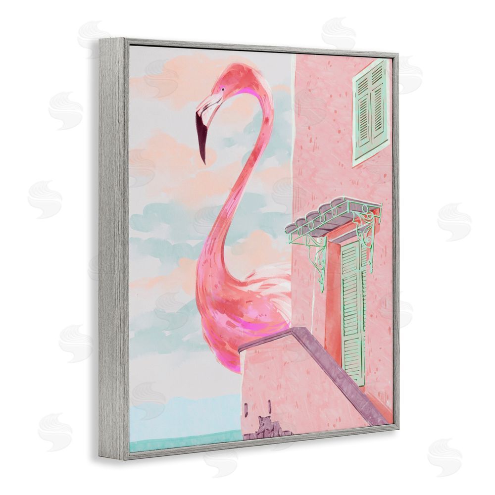 Ziwei Li Giant Flamingo with Seaside Balcony Gray Framed Giclee Wall Art