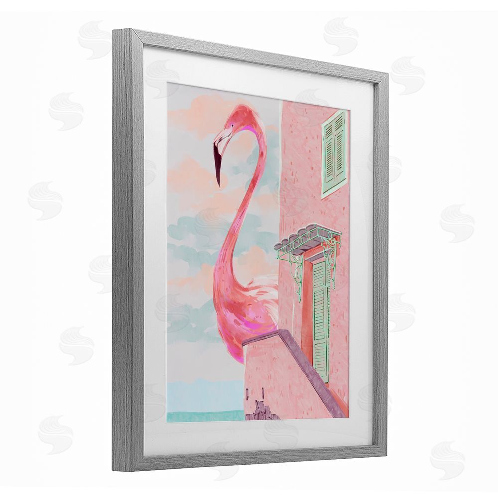 Ziwei Li Giant Flamingo with Seaside Balcony Gray Framed Print Under Glass Wall Art