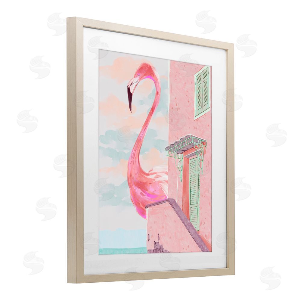 Ziwei Li Giant Flamingo with Seaside Balcony Brown Framed Print Under Glass Wall Art