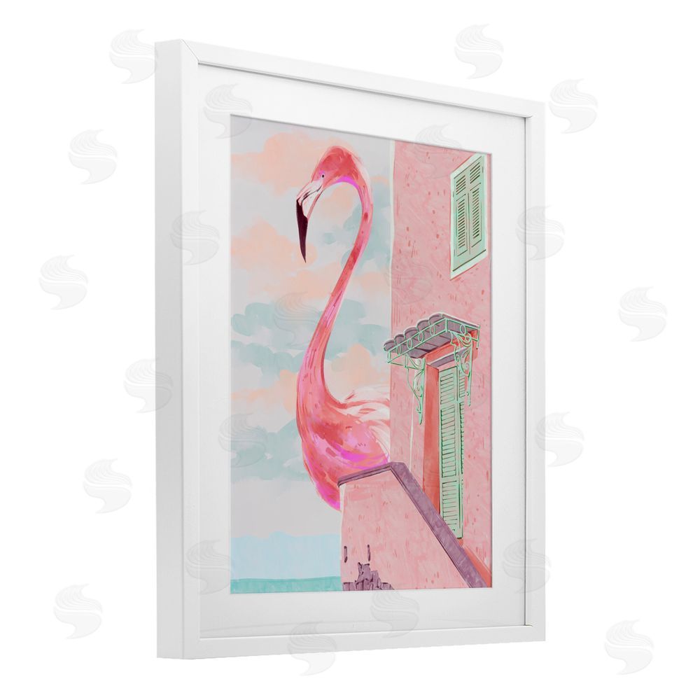 Ziwei Li Giant Flamingo with Seaside Balcony White Framed Print Under Glass Wall Art
