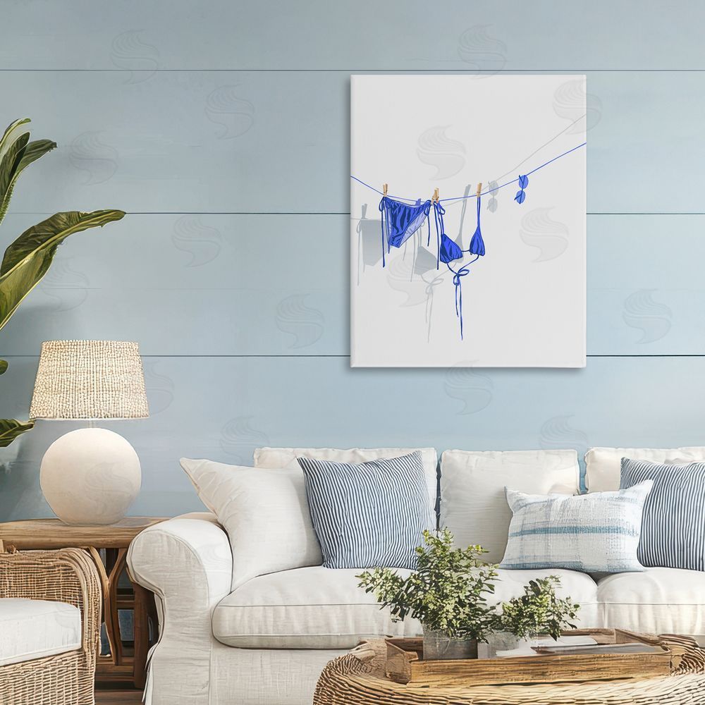 Ziwei Li Blue Bikini on Clothesline Stretched Canvas Wall Art Print in Room