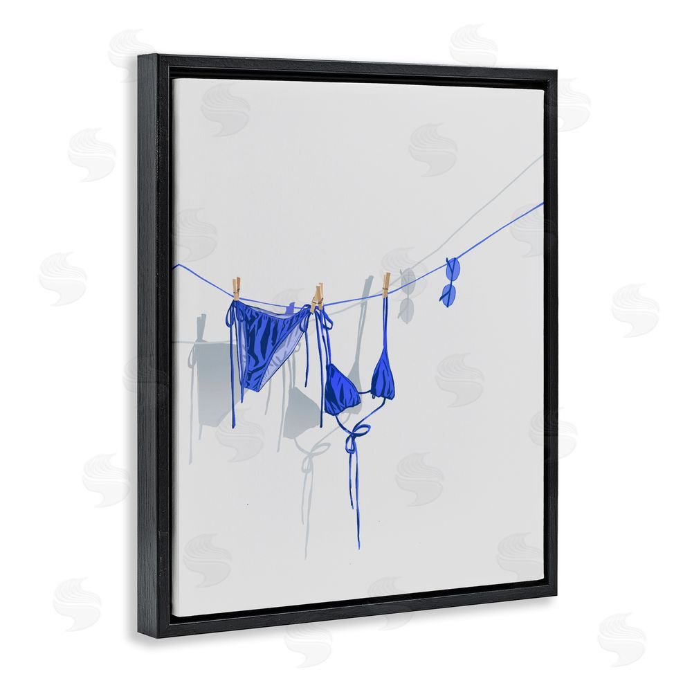 Ziwei Li Blue Bikini on Clothesline Black Floating Frame Stretched Canvas Wall Art Print