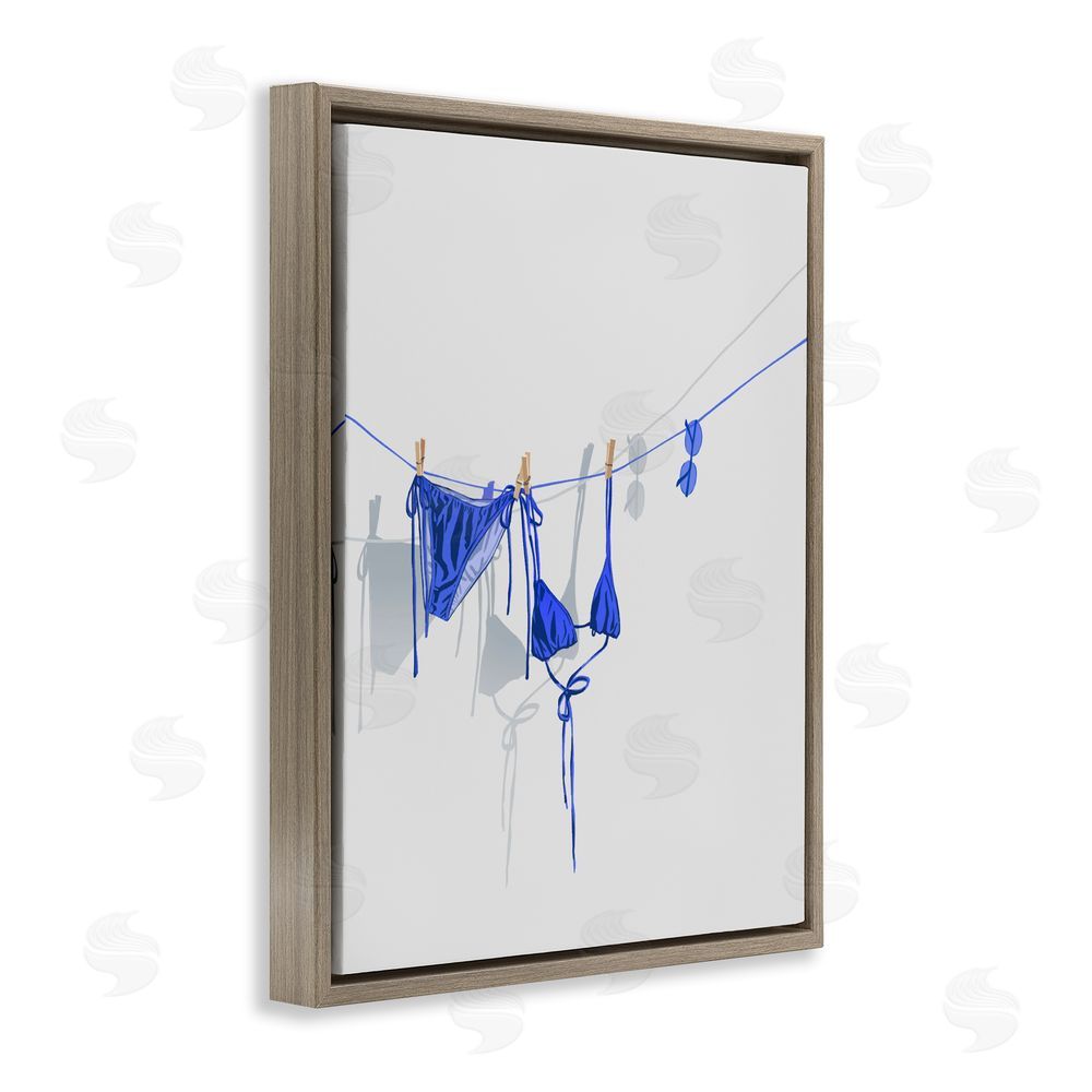 Ziwei Li Blue Bikini on Clothesline Brown Floating Frame Stretched Canvas Wall Art Print