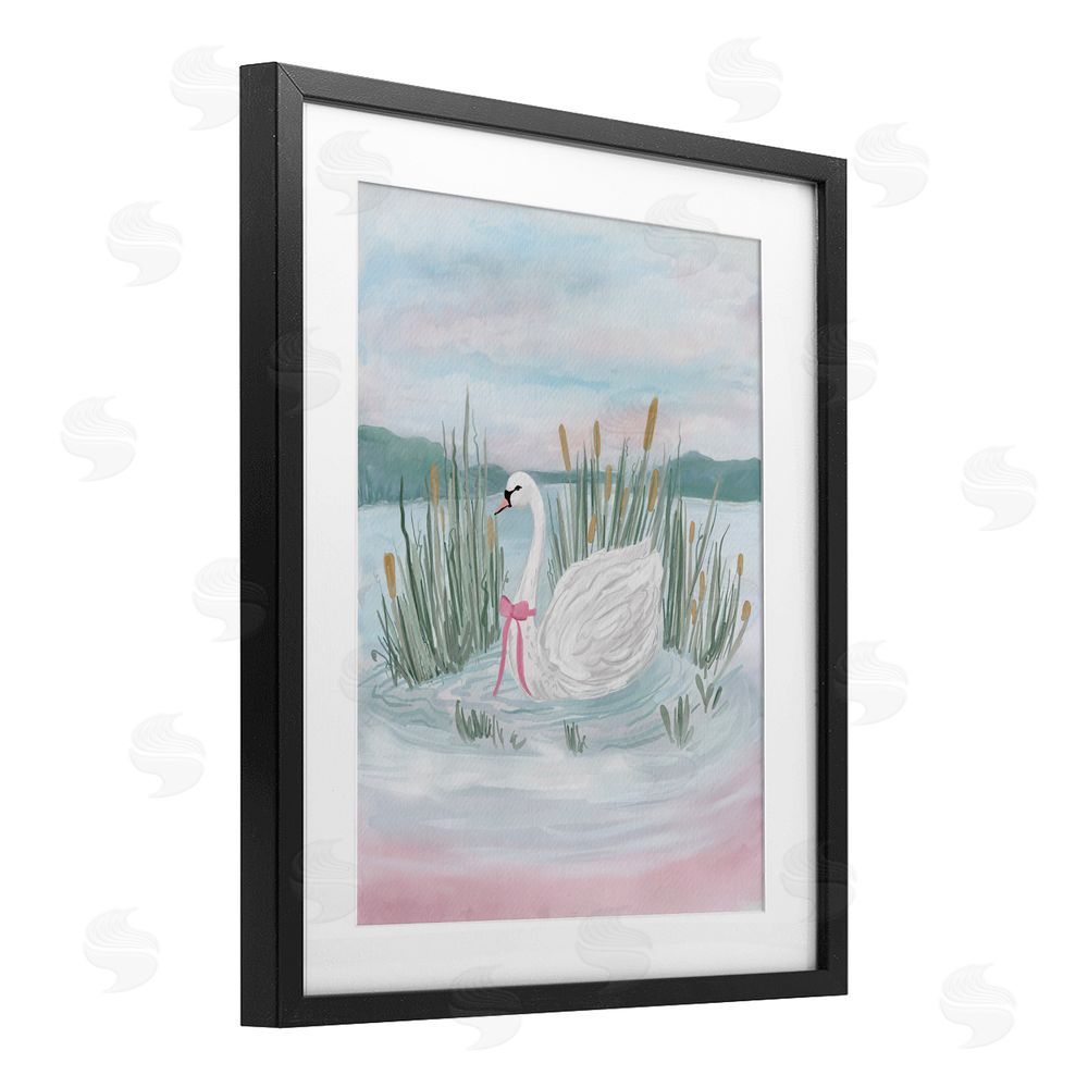 Adreane Fippinger Swan Serenade on Lake Black Framed Print Under Glass with White Mat Wall Art