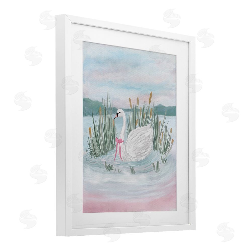 Adreane Fippinger Swan Serenade on Lake White Framed Print Under Glass with White Mat Wall Art