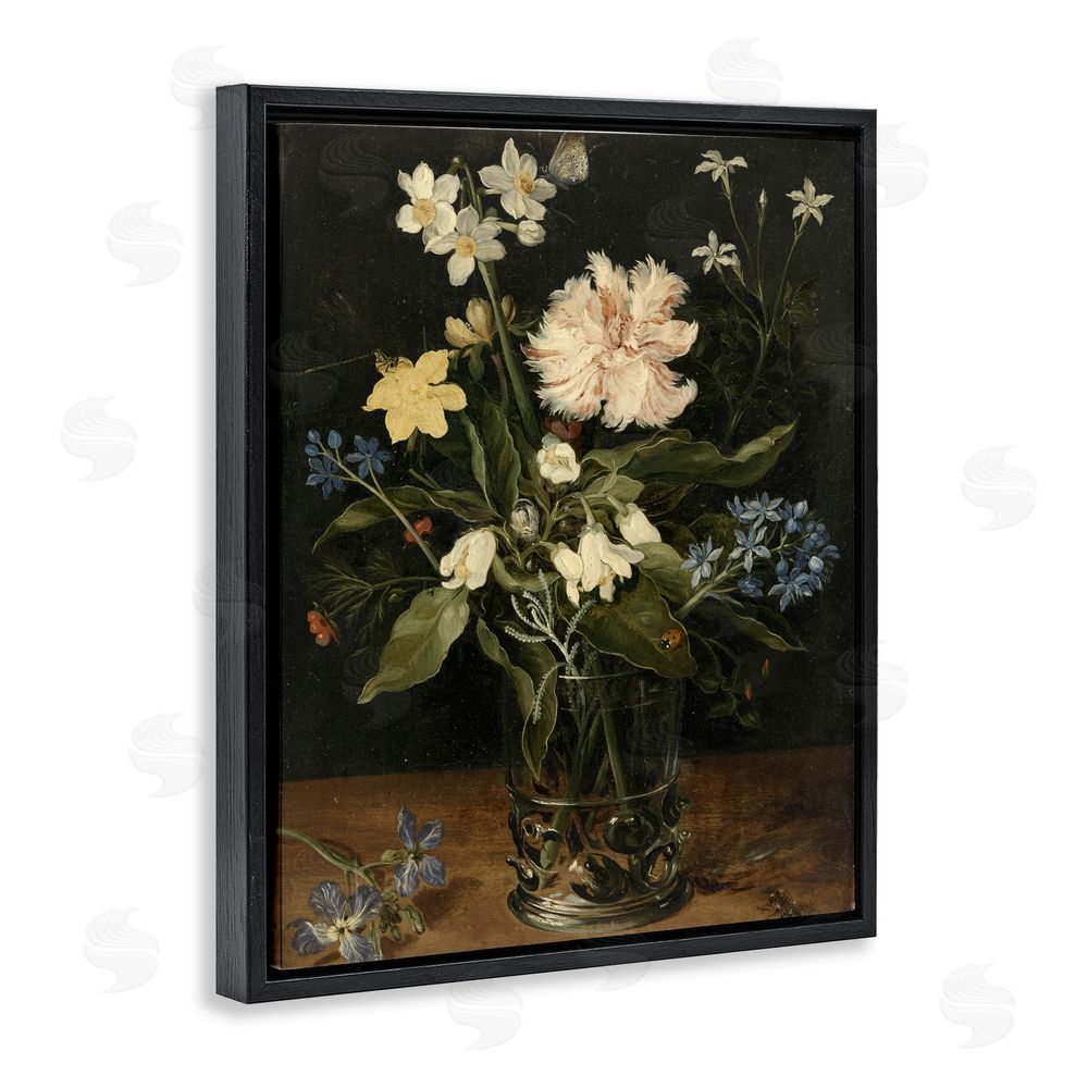 Vintage Hustle Chrysanthemum & Flowers in Vase Black Floating Frame Canvas Wall Art Print
