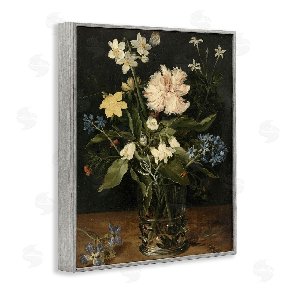 Vintage Hustle Chrysanthemum & Flowers in Vase Gray Framed Giclee Wall Art Print