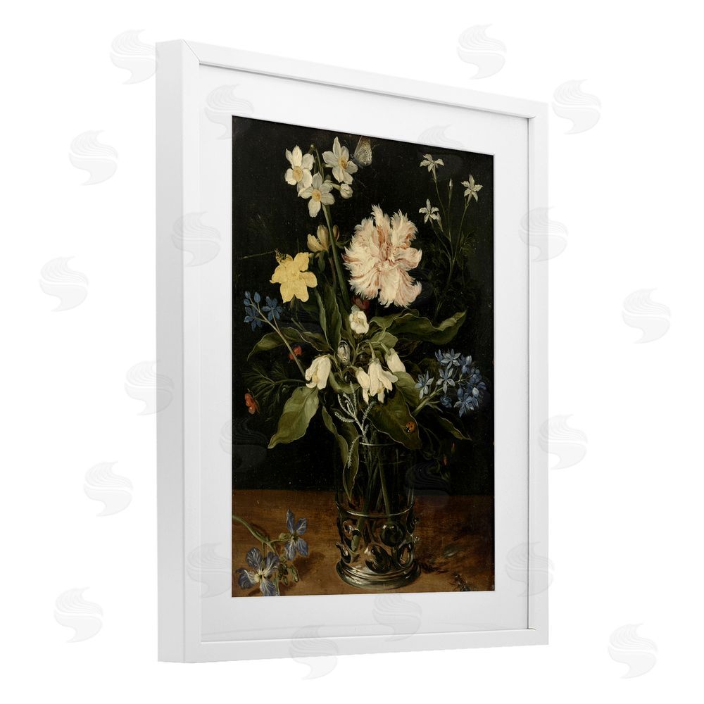 Vintage Hustle Chrysanthemum & Flowers in Vase White Framed Print Under Glass Wall Art