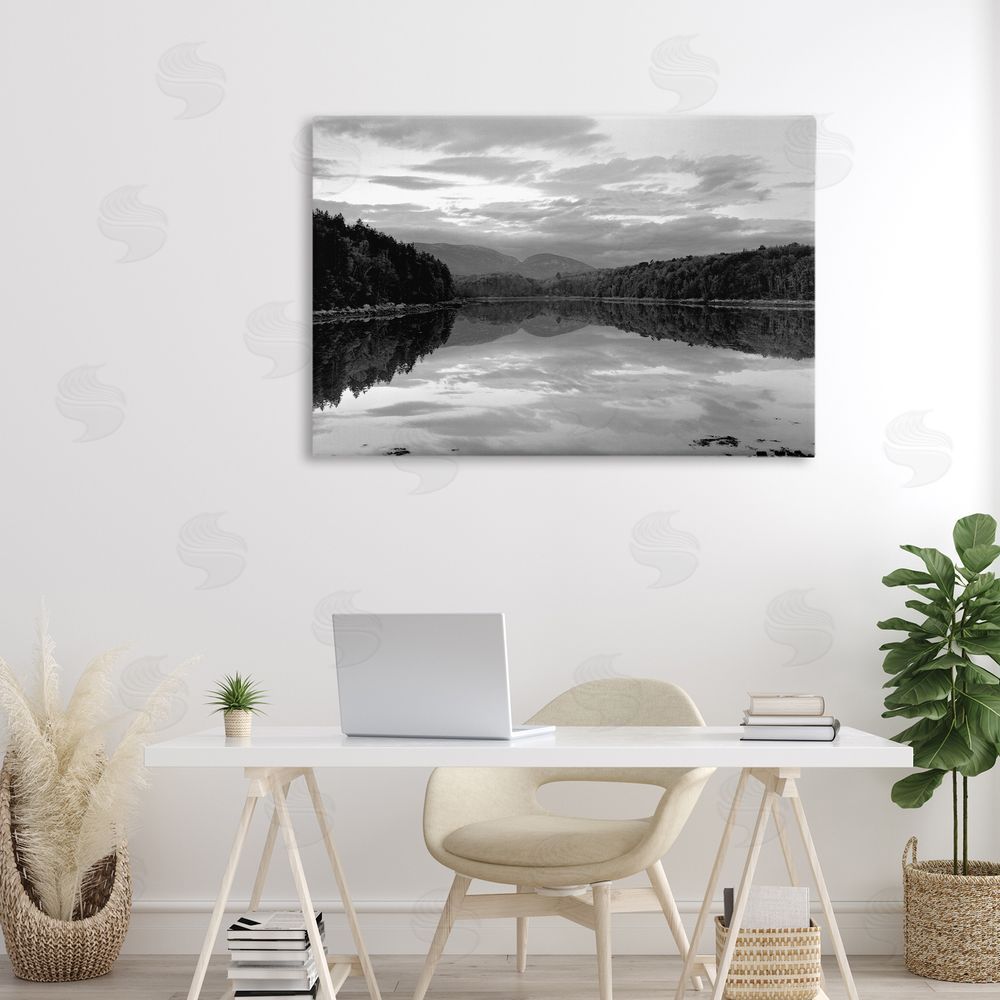 MJ Photography Acadia Reflection in Monochrome Stretched Canvas Wall Art Print in Room