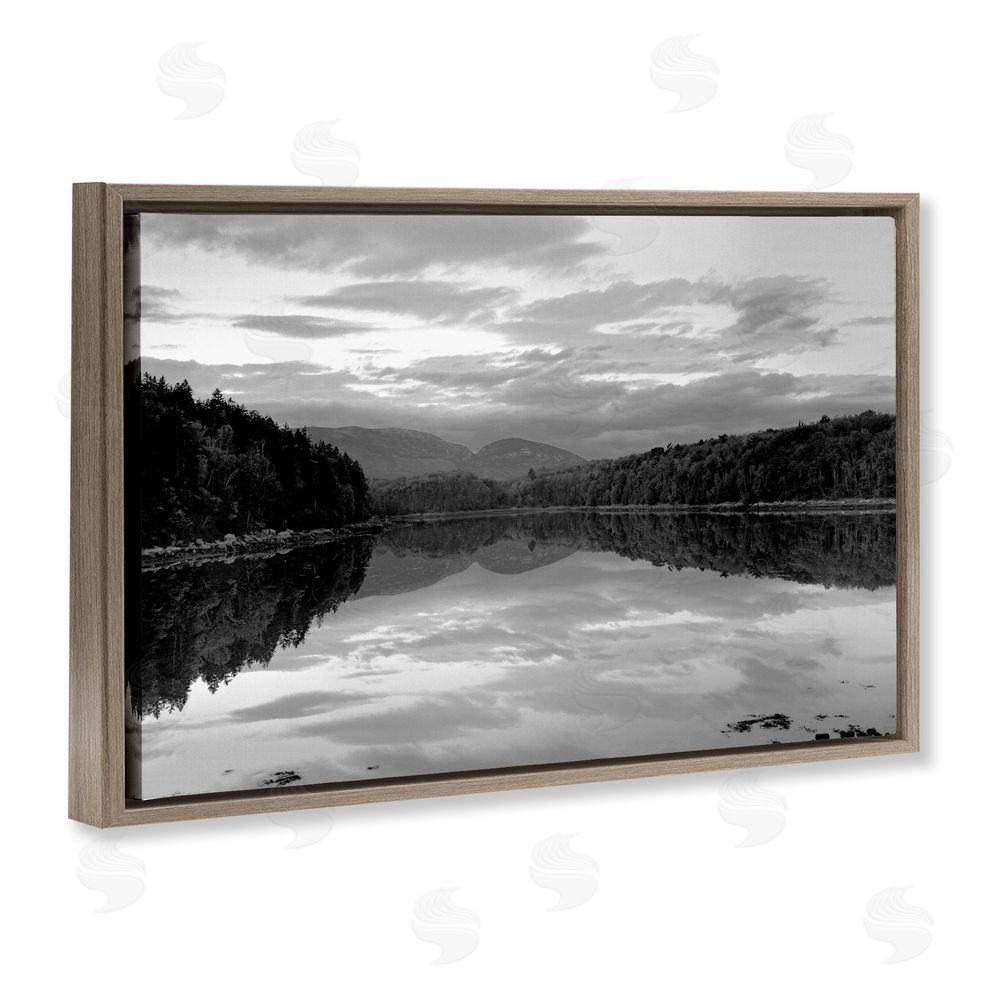 MJ Photography Acadia Reflection in Monochrome Brown Floating Frame Stretched Canvas Wall Art Print