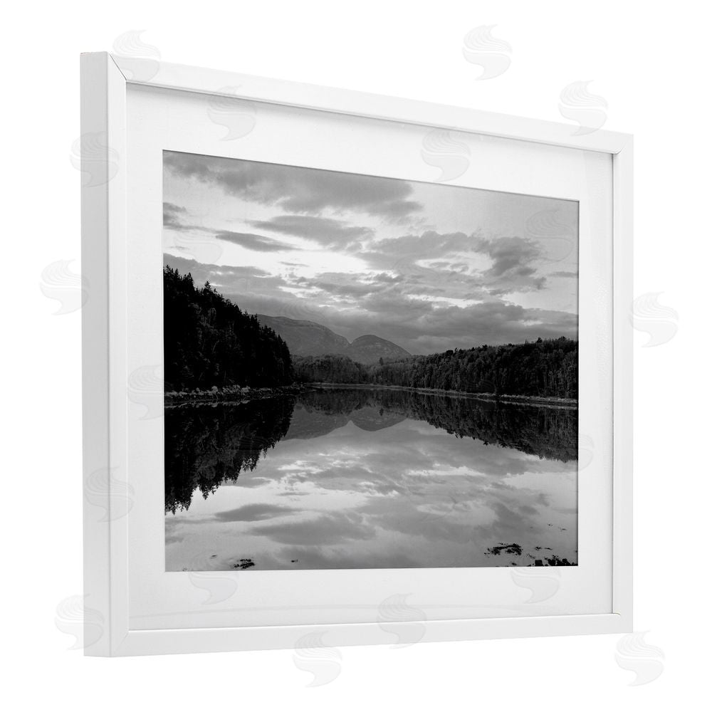 MJ Photography Acadia Reflection in Monochrome White Framed Print Under Glass with Matting Wall Art