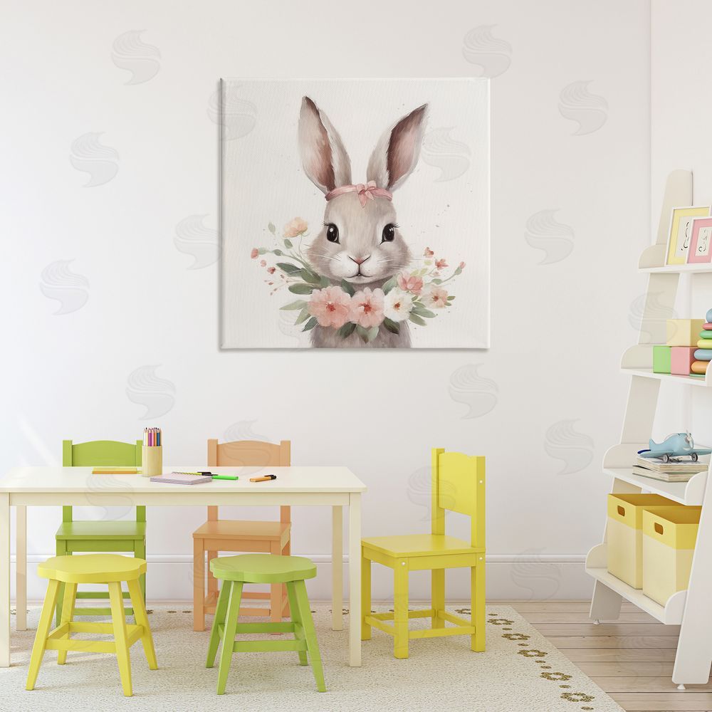 Lazar Studio Charming Bunny in Floral Wreath Stretched Canvas Wall Art Print in Room