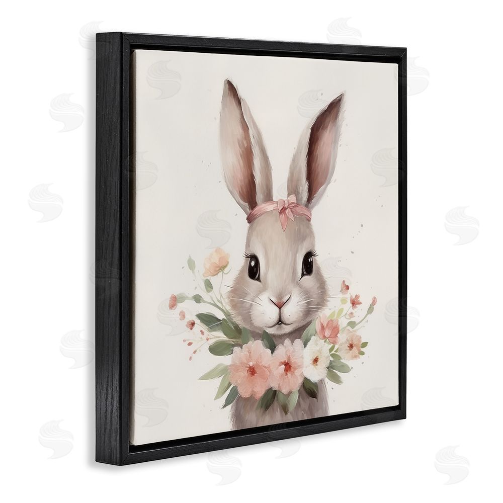 Lazar Studio Charming Bunny in Floral Wreath Black Floating Frame Stretched Canvas Wall Art Print