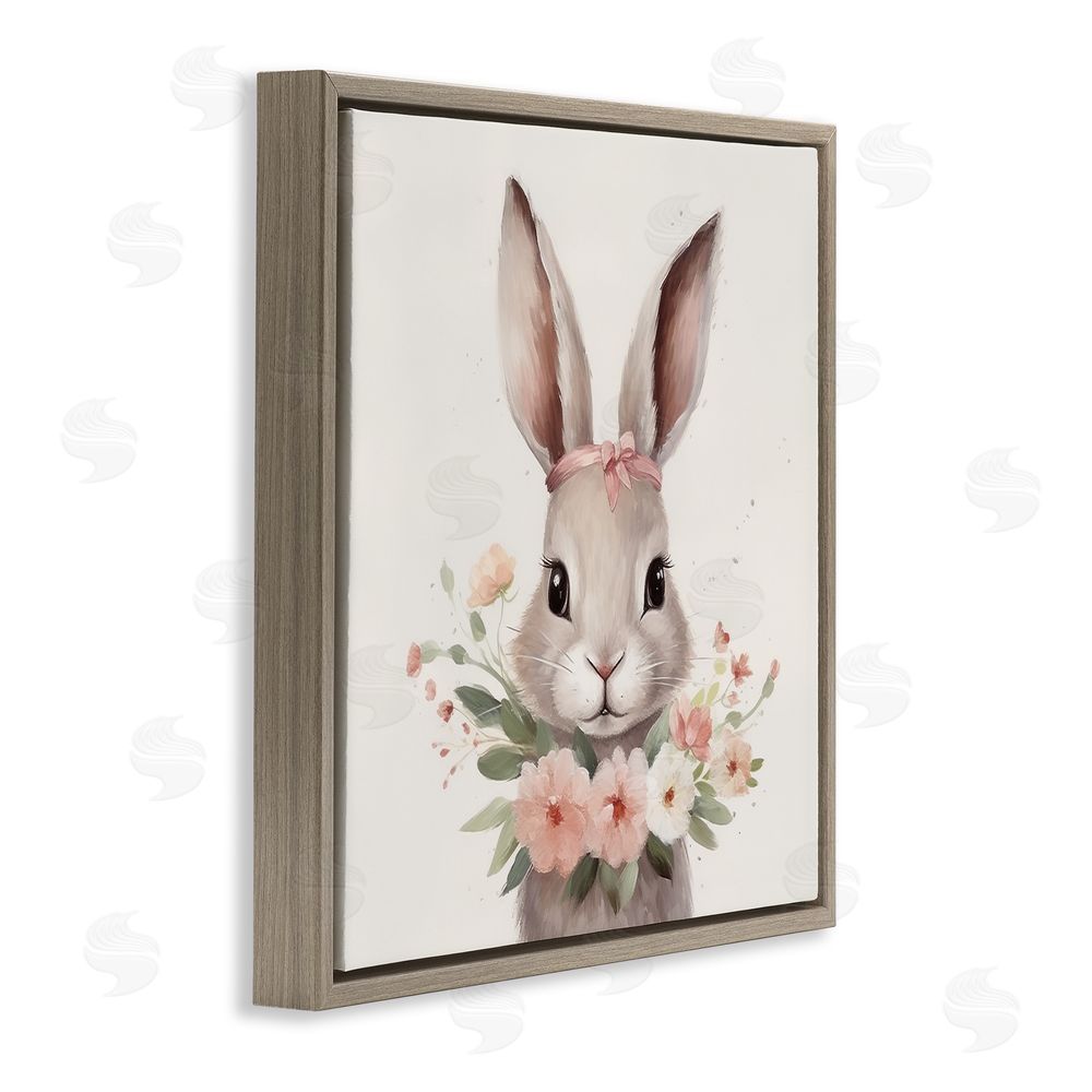 Lazar Studio Charming Bunny in Floral Wreath Brown Floating Frame Stretched Canvas Wall Art Print