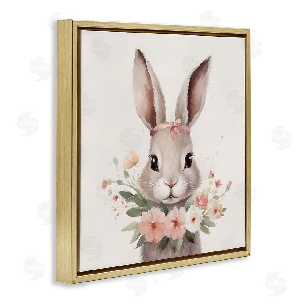 Lazar Studio Charming Bunny in Floral Wreath Gold Floating Frame Stretched Canvas Wall Art Print