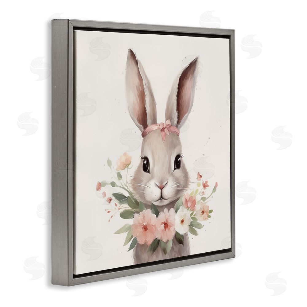 Lazar Studio Charming Bunny in Floral Wreath Gray Floating Frame Stretched Canvas Wall Art Print