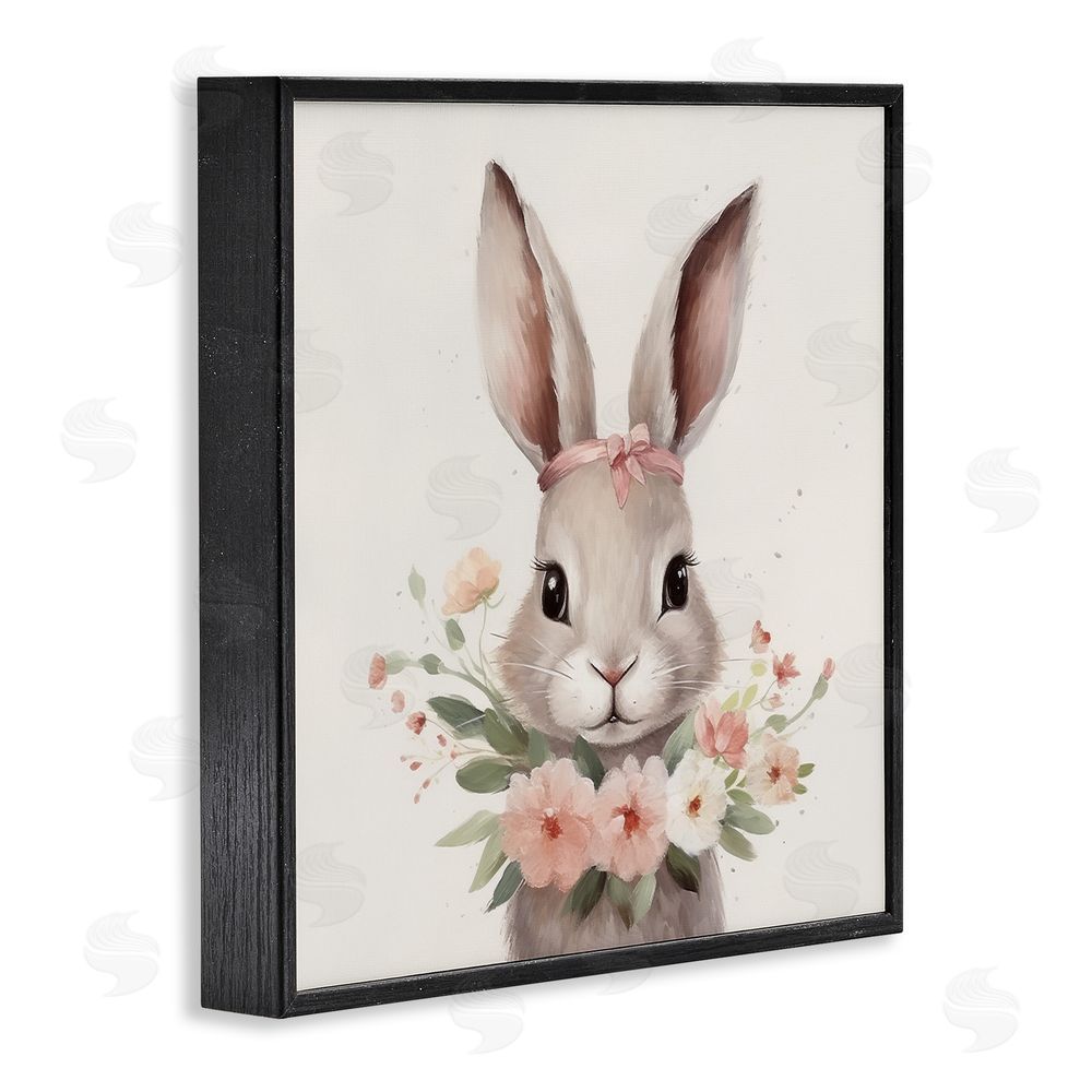 Lazar Studio Charming Bunny in Floral Wreath Black Framed Giclee Wall Art Print