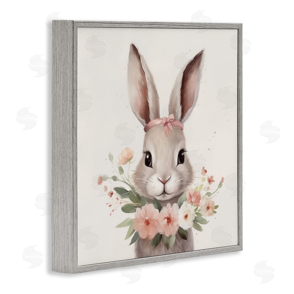 Lazar Studio Charming Bunny in Floral Wreath Gray Framed Giclee Wall Art Print