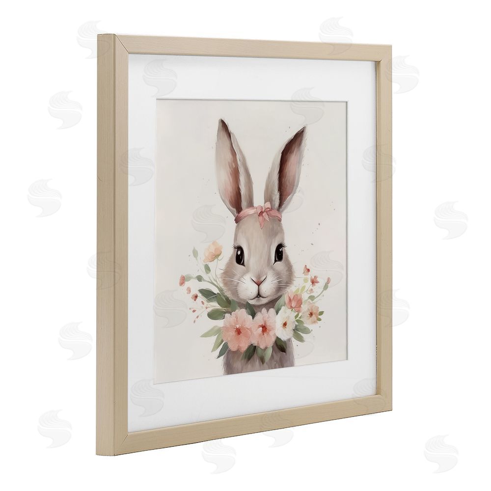 Lazar Studio Charming Bunny in Floral Wreath Brown Framed Print Under Glass with Matting Wall Art