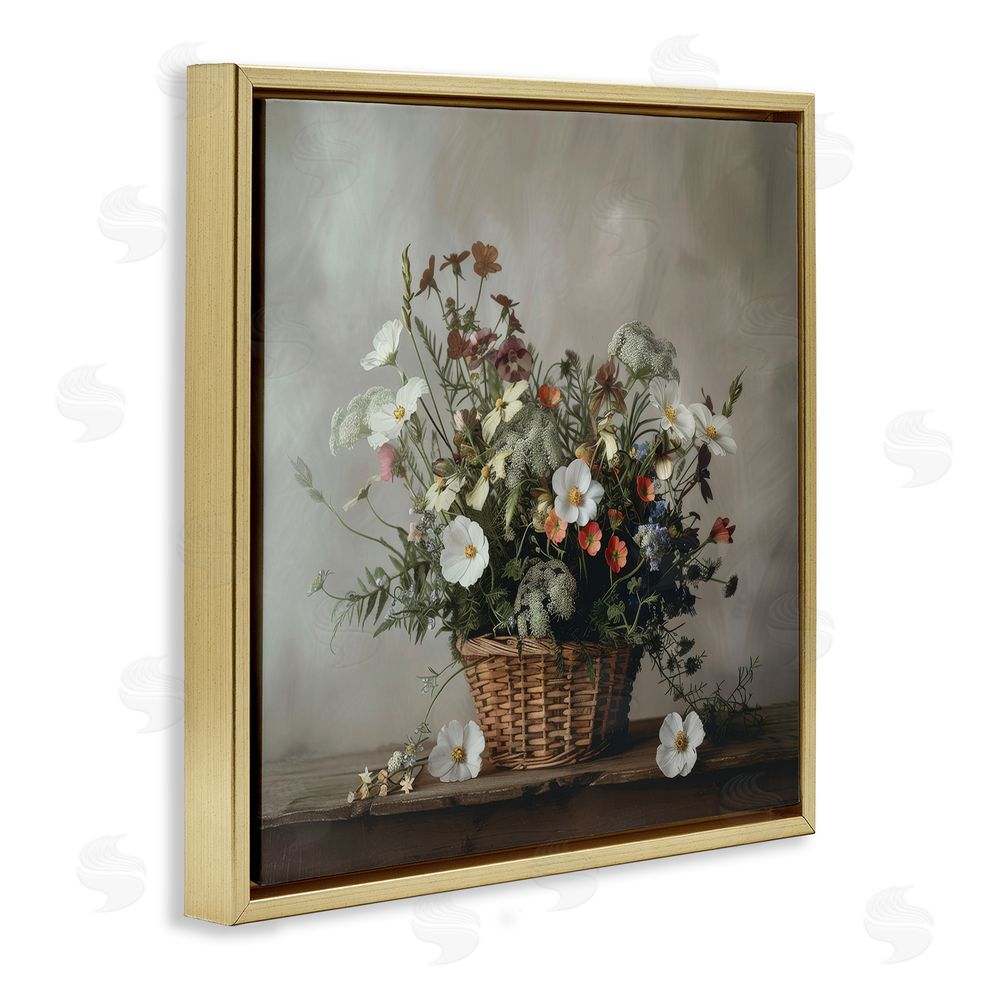 Lazar Studio Flowers In A Basket Arrangement Gold Floating Framed Canvas Wall Art