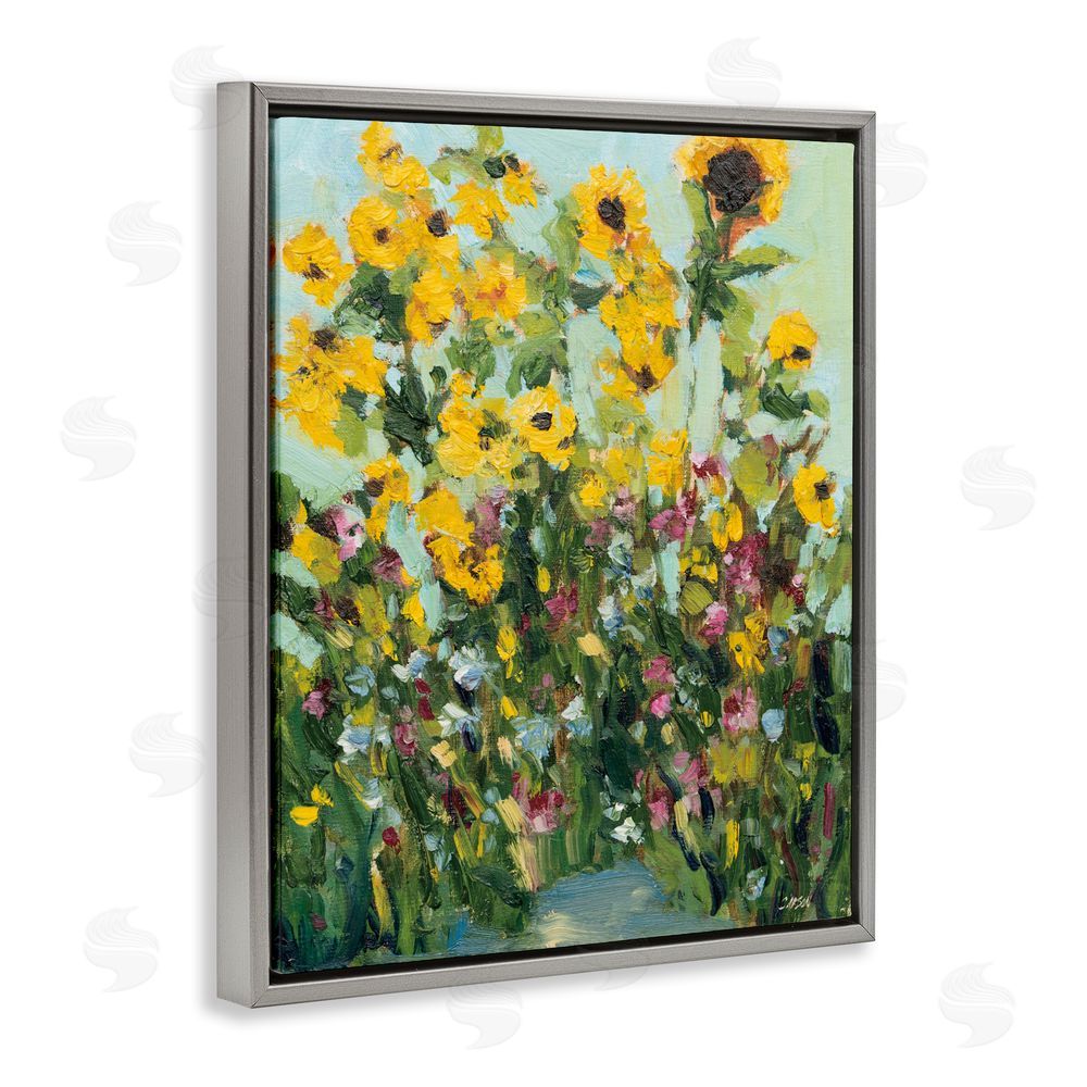 Carson Overstreet Sunlit Sunflowers in Garden Gray Floating Framed Canvas Wall Art Print