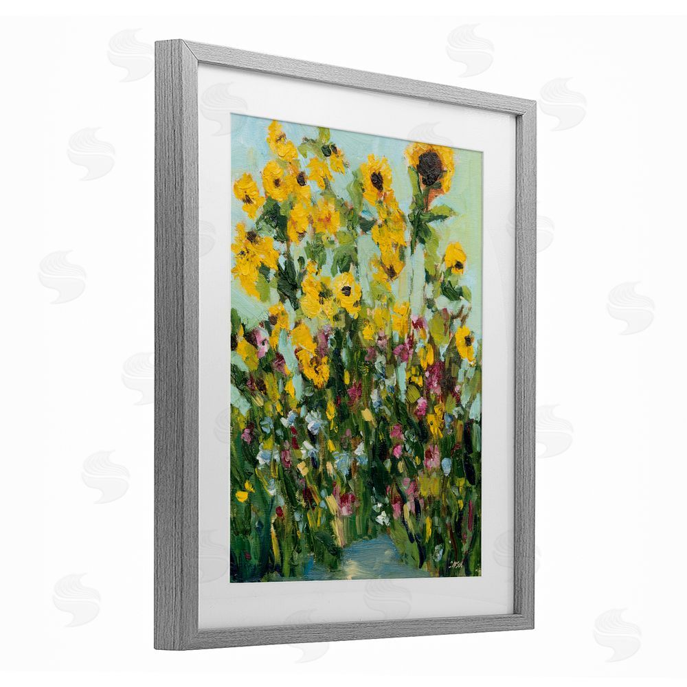 Carson Overstreet Sunlit Sunflowers in Garden Gray Framed Print Under Glass with White Mat Wall Art