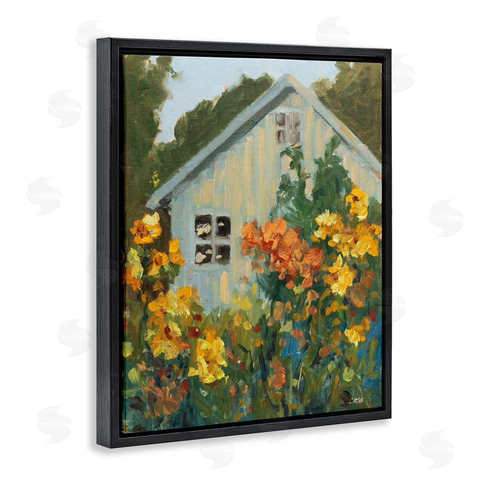 Carson Overstreet Sunlit Cottage Garden View Black Floating Framed Canvas Wall Art Print