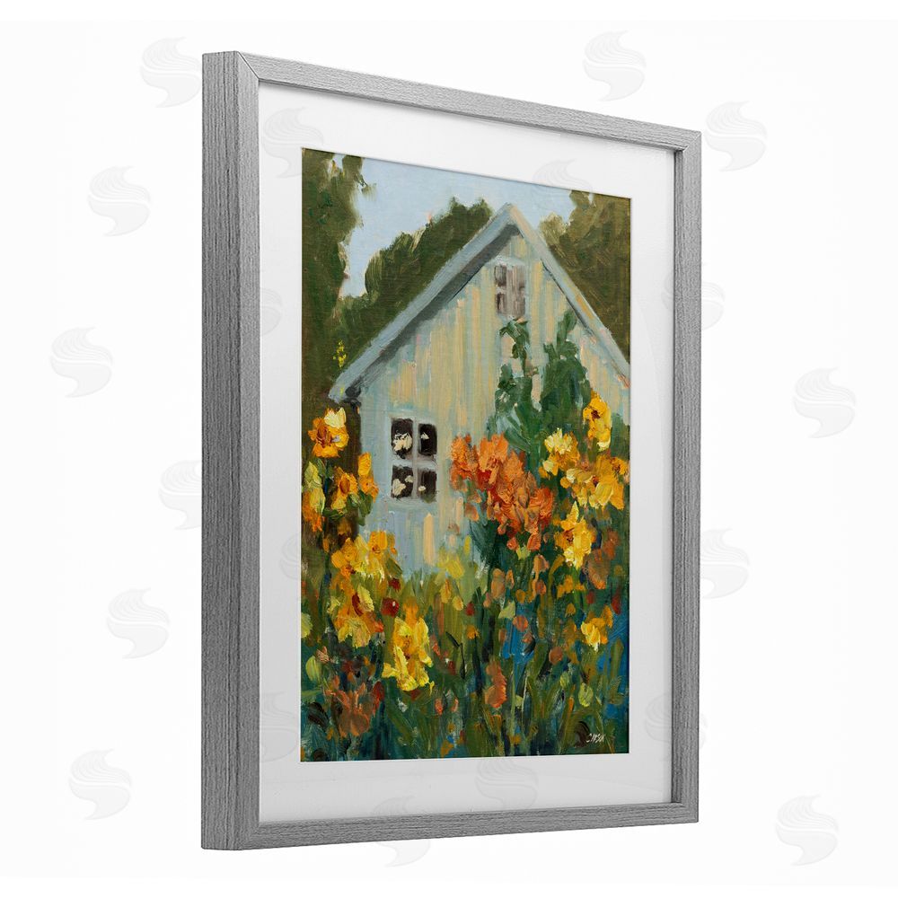 Carson Overstreet Sunlit Cottage Garden View Gray Framed Print Under Glass with White Mat Wall Art