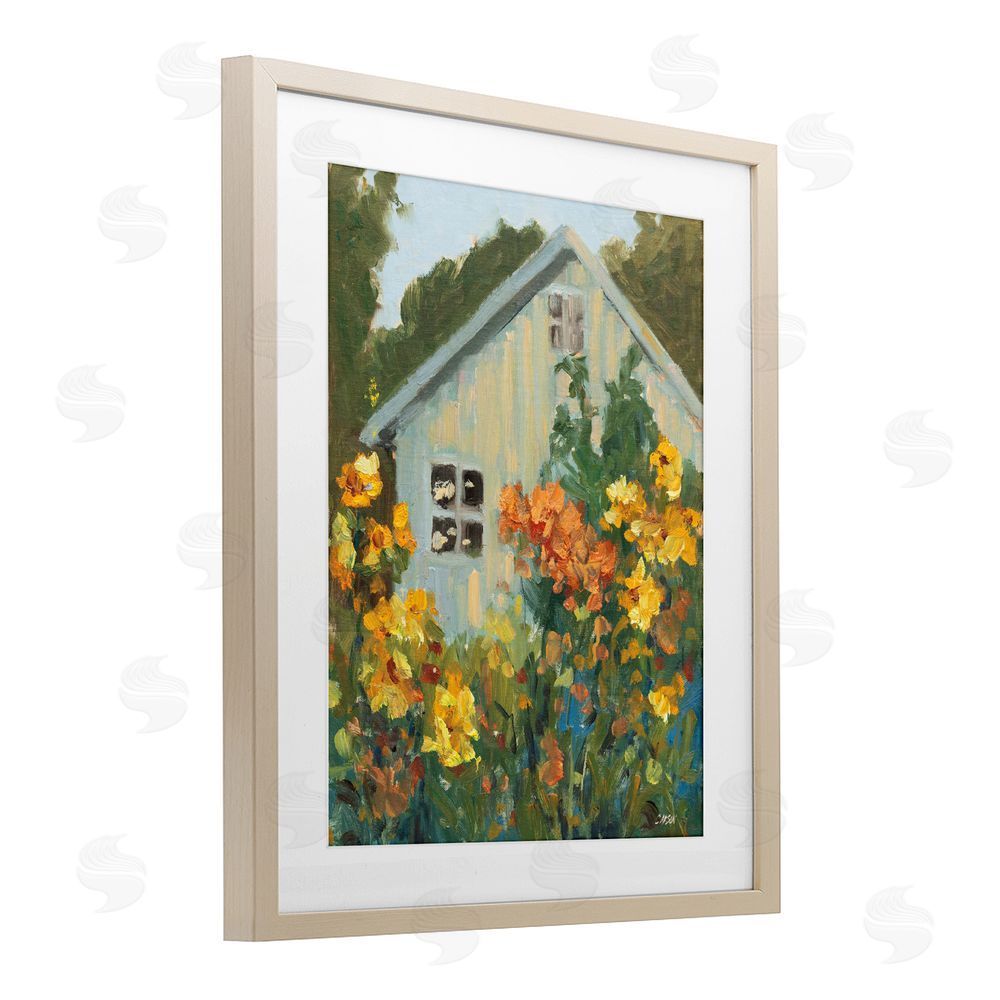 Carson Overstreet Sunlit Cottage Garden View Brown Framed Print Under Glass with White Mat Wall Art
