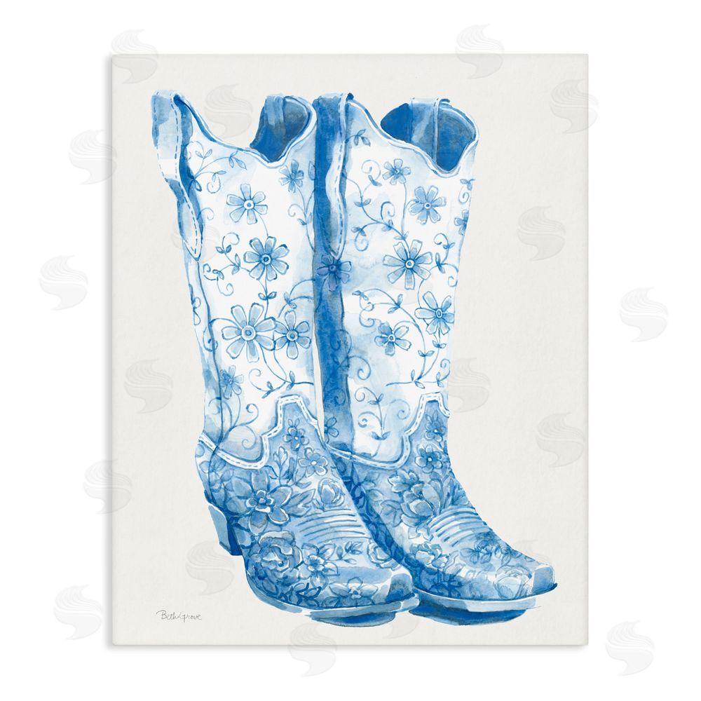 Beth Grove Blue Boots with Floral Embroidery Stretched Canvas Wall Art Print
