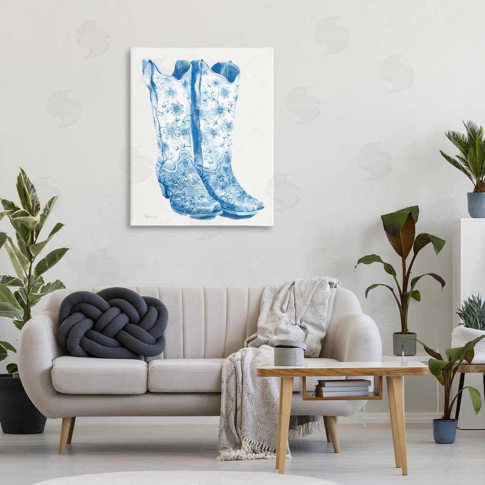 Beth Grove Blue Boots with Floral Embroidery Stretched Canvas Wall Art Print in Room