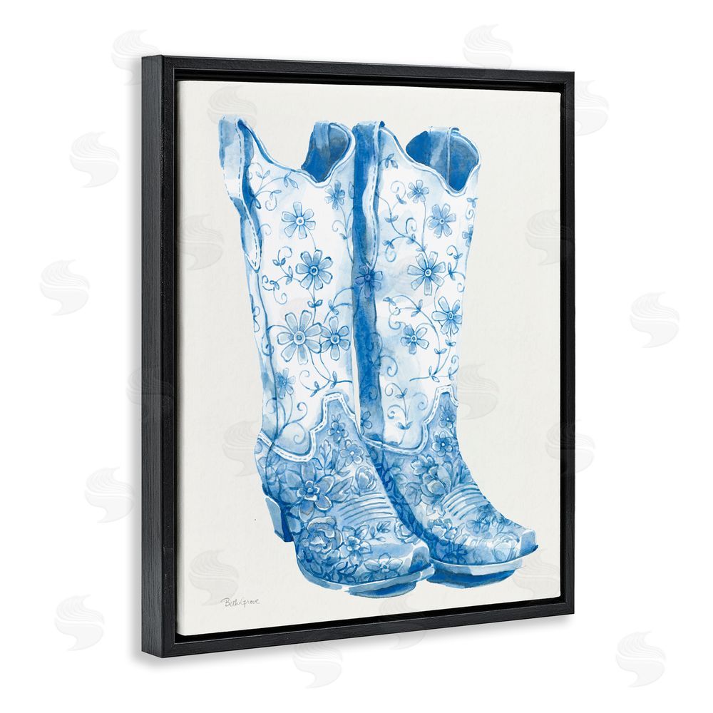 Beth Grove Blue Boots with Floral Embroidery Black Floating Frame Stretched Canvas Wall Art Print