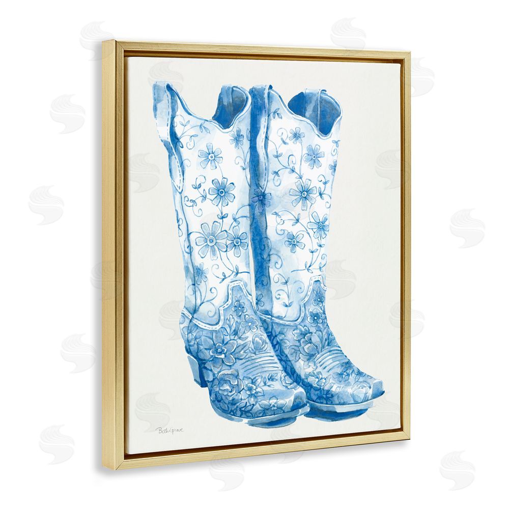 Beth Grove Blue Boots with Floral Embroidery Gold Floating Frame Stretched Canvas Wall Art Print