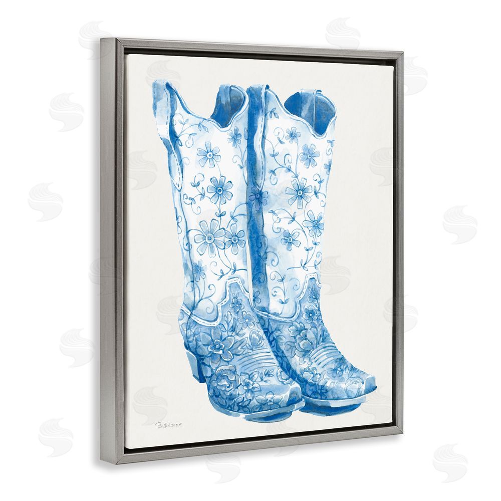 Beth Grove Blue Boots with Floral Embroidery Gray Floating Frame Stretched Canvas Wall Art Print