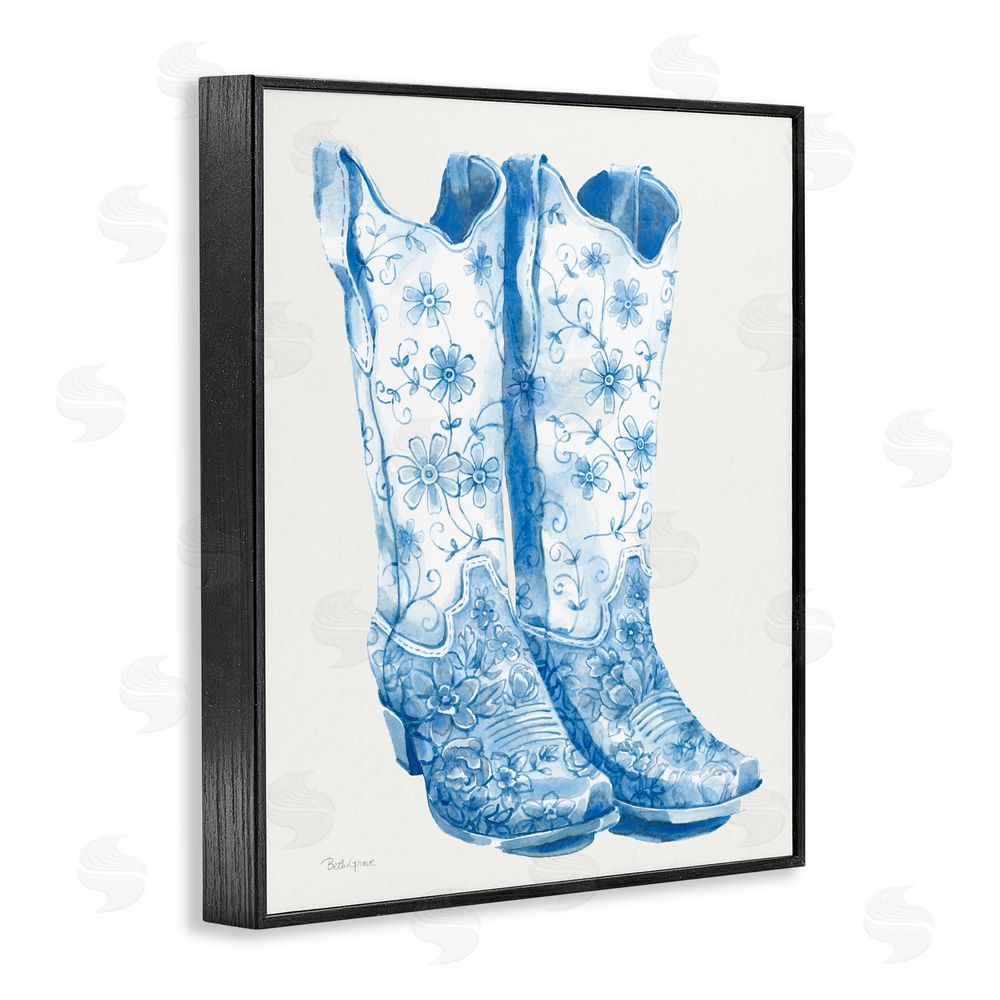 Beth Grove Blue Boots with Floral Embroidery Black Framed Giclee Wall Art Print