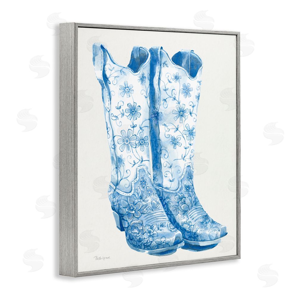 Beth Grove Blue Boots with Floral Embroidery Gray Framed Giclee Wall Art Print
