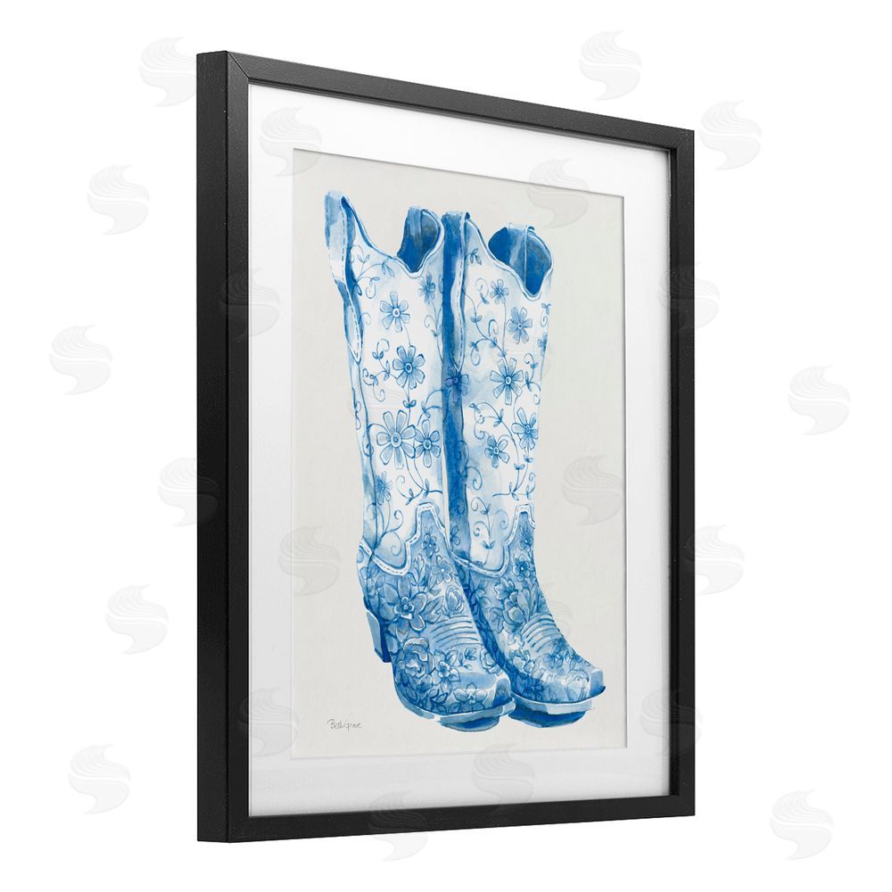 Beth Grove Blue Boots with Floral Embroidery Black Framed Print Under Glass with Matting Wall Art