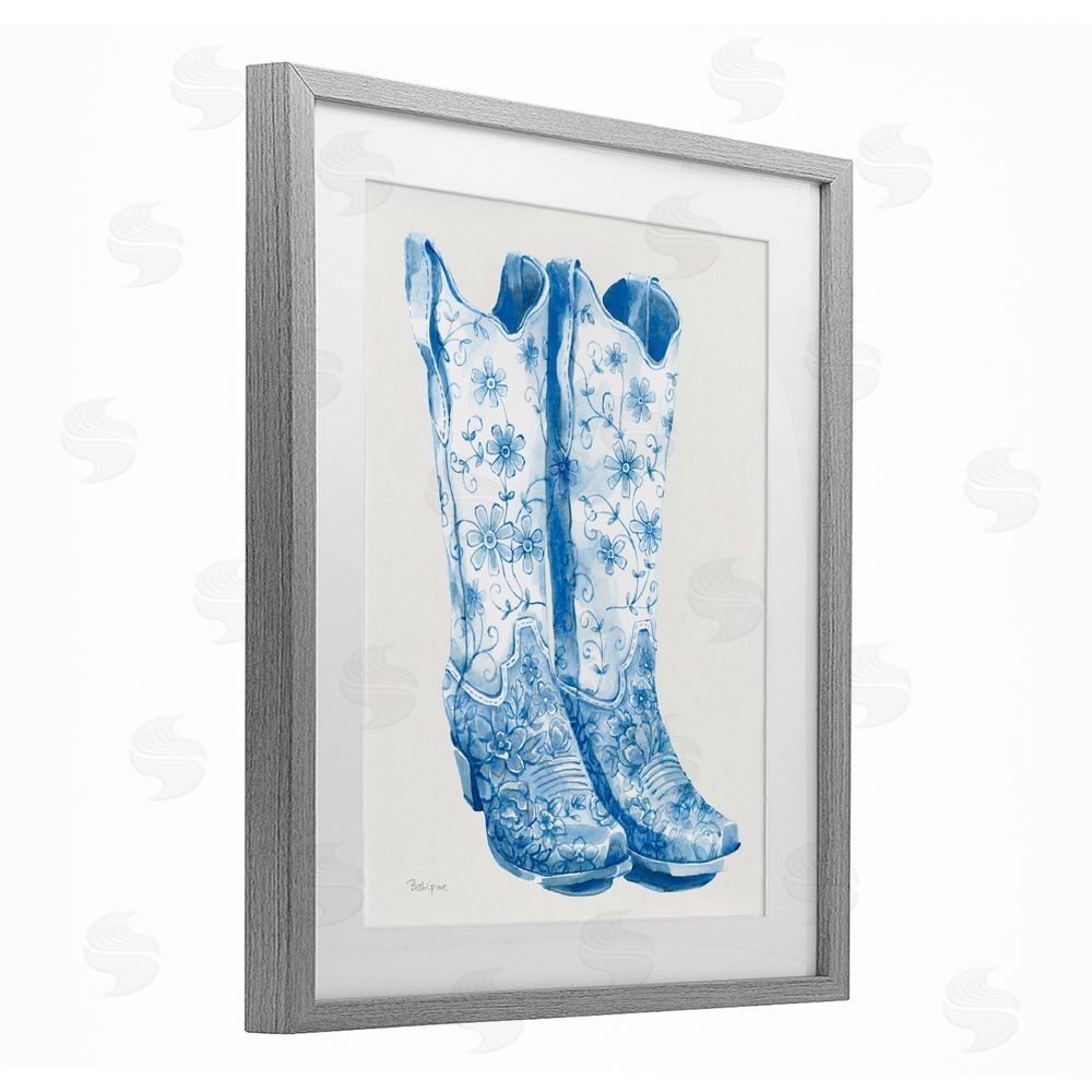 Beth Grove Blue Boots with Floral Embroidery Gray Framed Print Under Glass with Matting Wall Art