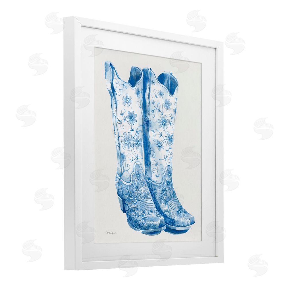 Beth Grove Blue Boots with Floral Embroidery White Framed Print Under Glass with Matting Wall Art