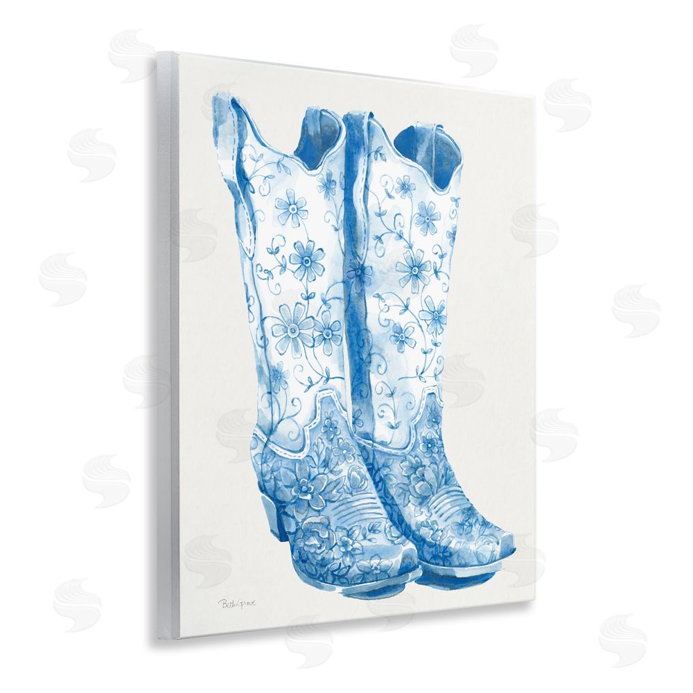 Beth Grove Blue Boots with Floral Embroidery Wall Plaque Art Print with White Foil Wrap