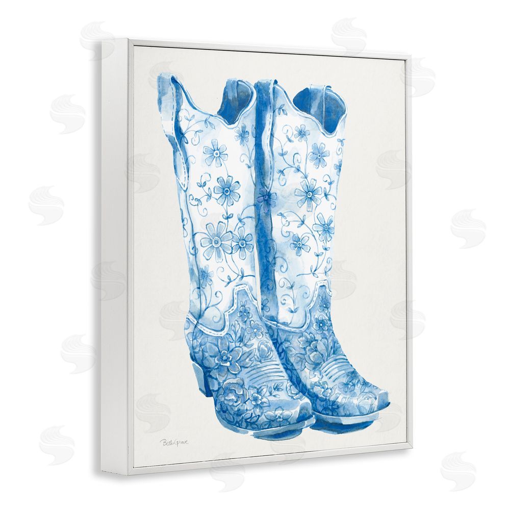 Beth Grove Blue Boots with Floral Embroidery White Framed Giclee Wall Art Print