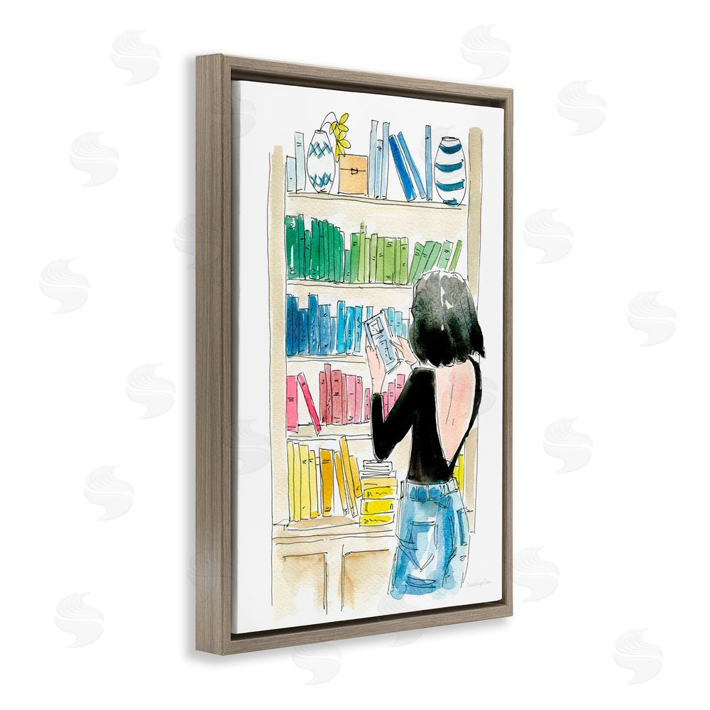 Mercedes Lopez Charro Browsing Home Library Brown Floating Frame Canvas Wall Art Print