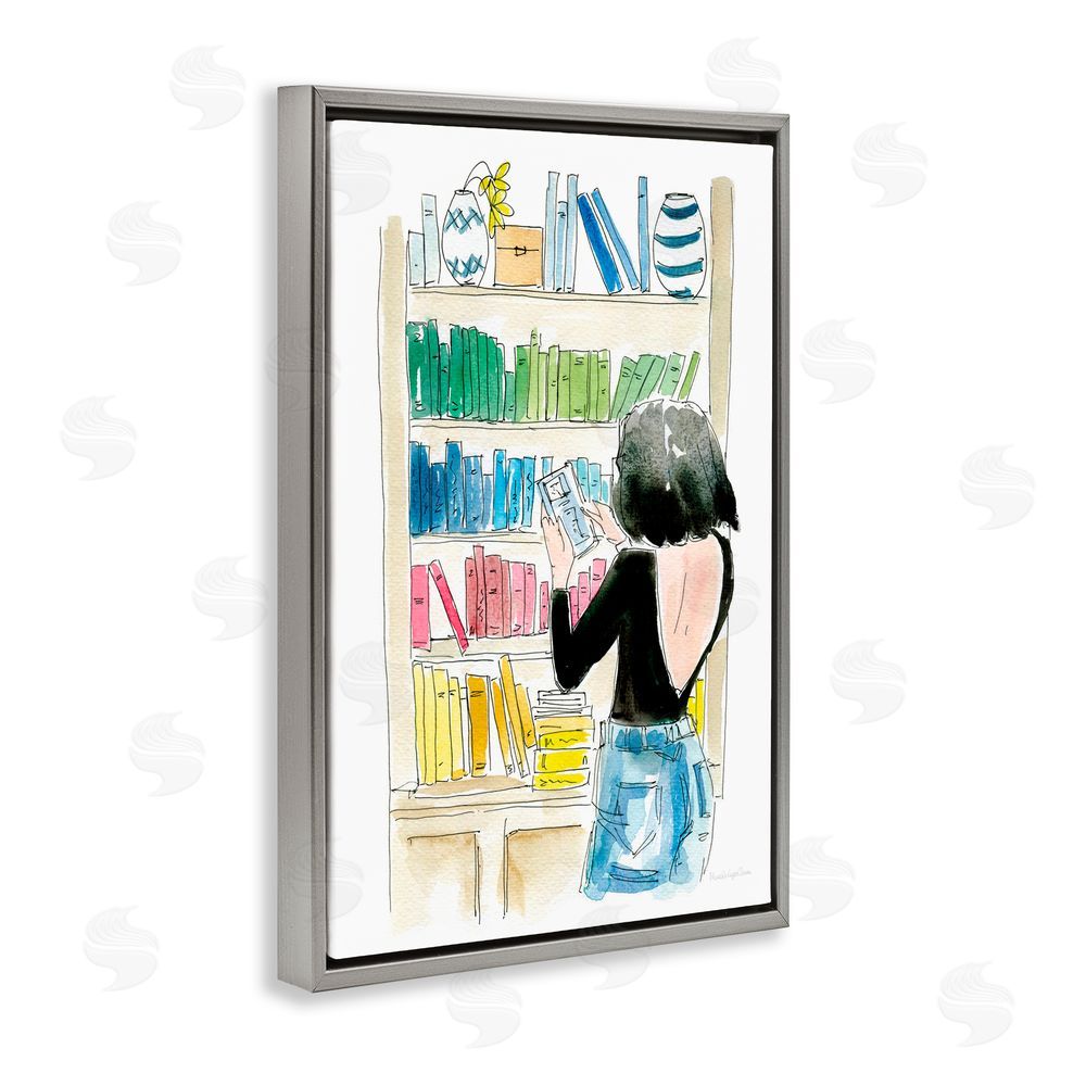Mercedes Lopez Charro Browsing Home Library Gray Floating Frame Canvas Wall Art Print