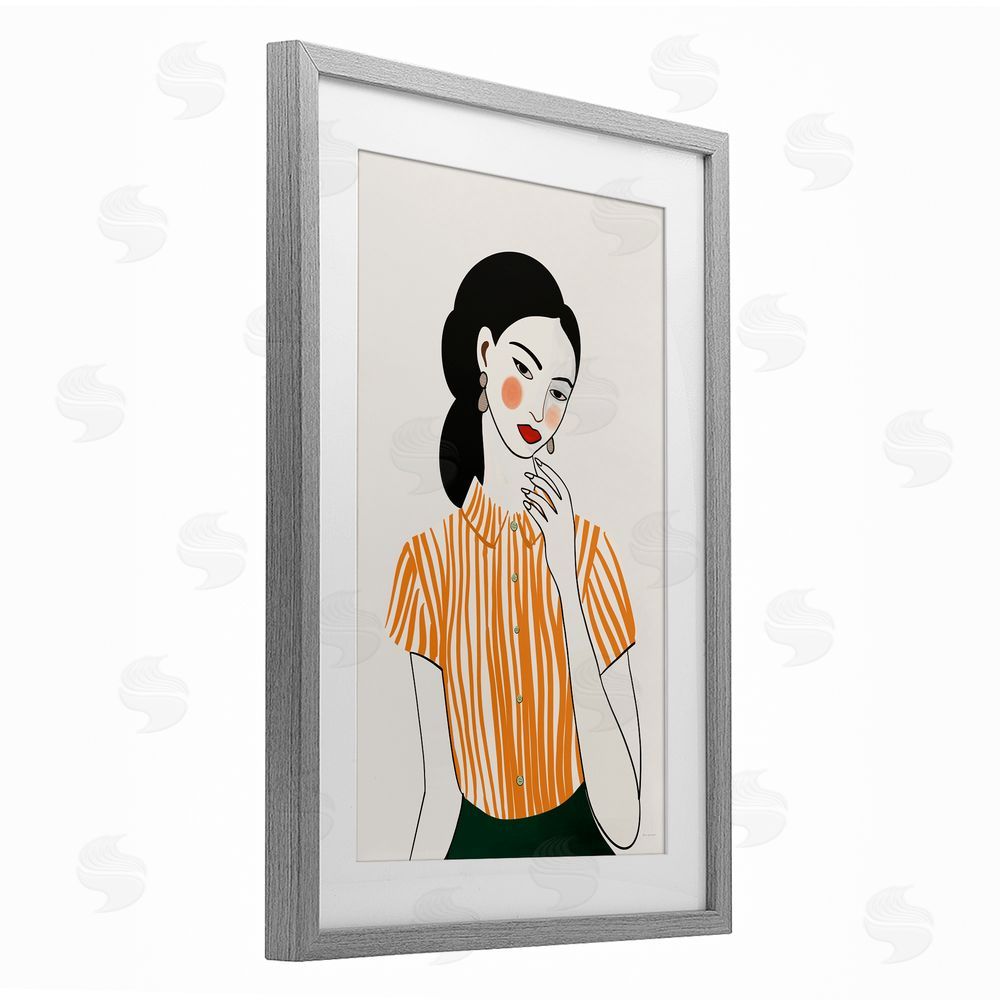 Omar Escalante Woman in Orange Blouse Gray Framed Print Under Glass with White Mat Wall Art