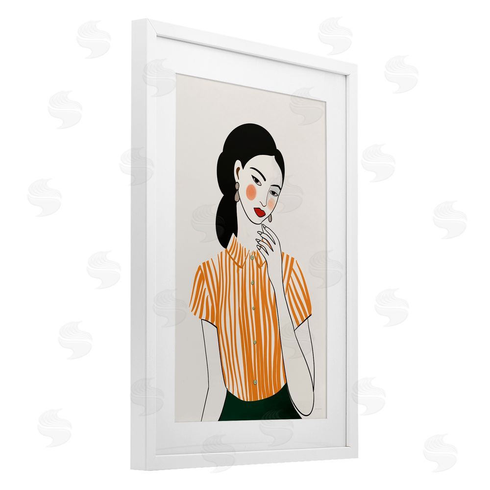 Omar Escalante Woman in Orange Blouse White Framed Print Under Glass with White Mat Wall Art