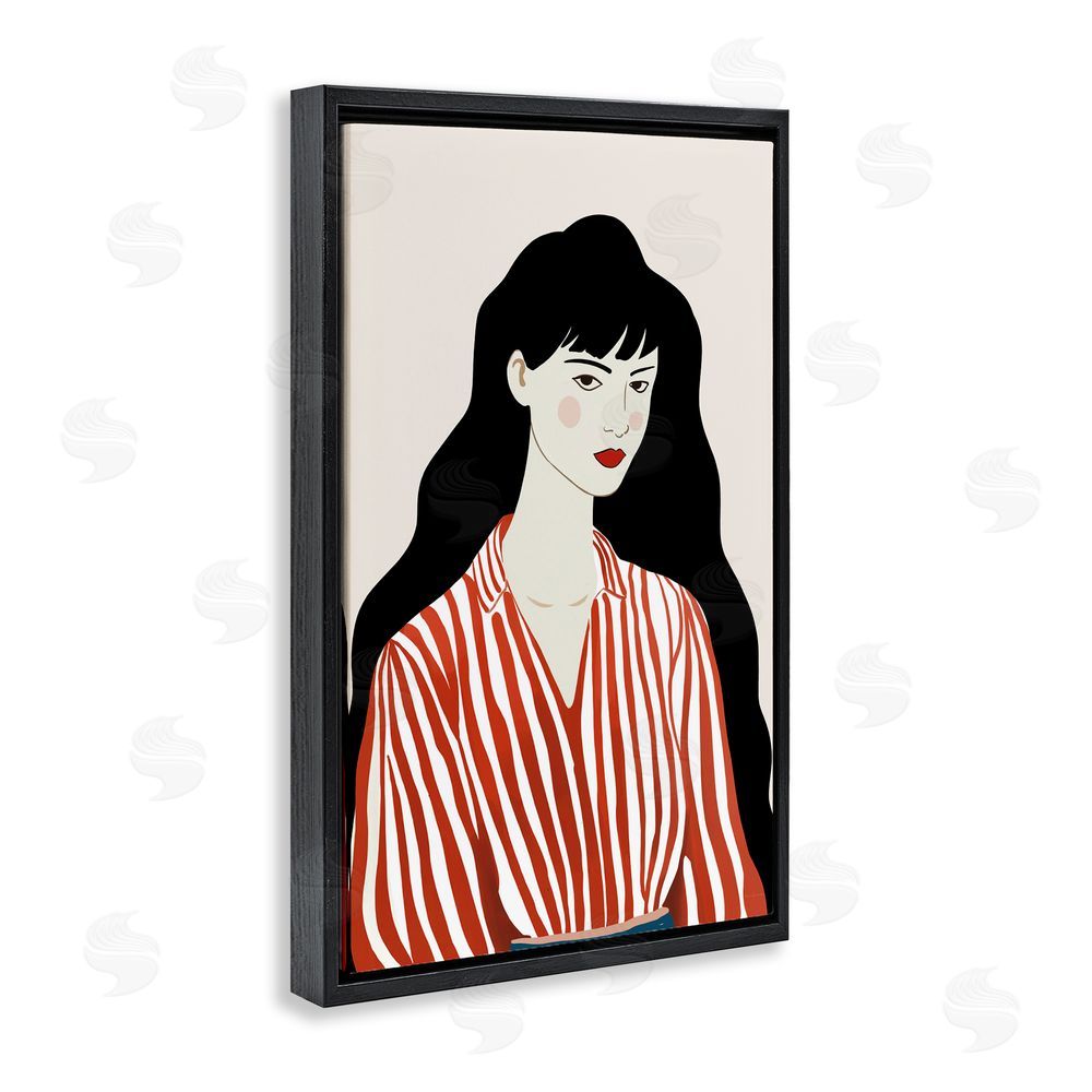 Omar Escalante Woman in Striped Blouse Black Floating Framed Canvas Wall Art Print