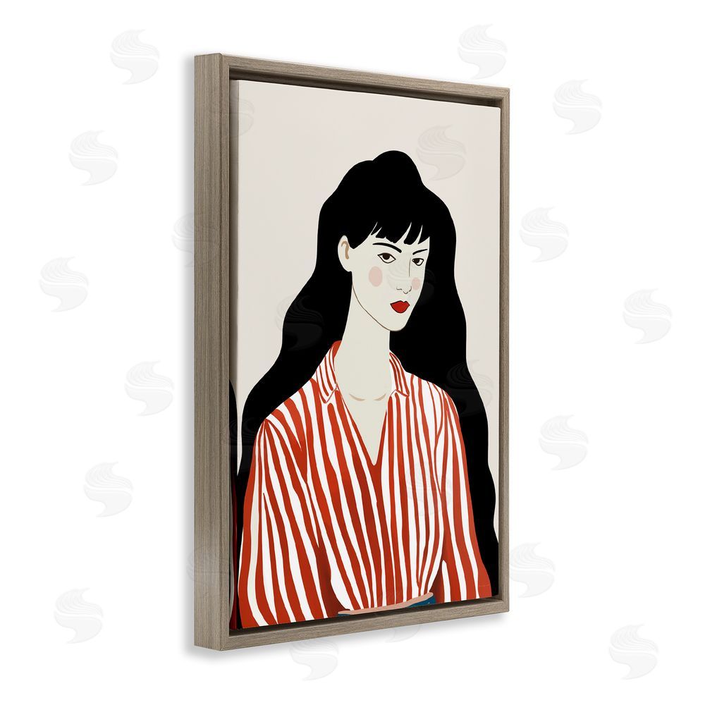 Omar Escalante Woman in Striped Blouse Brown Floating Framed Canvas Wall Art Print