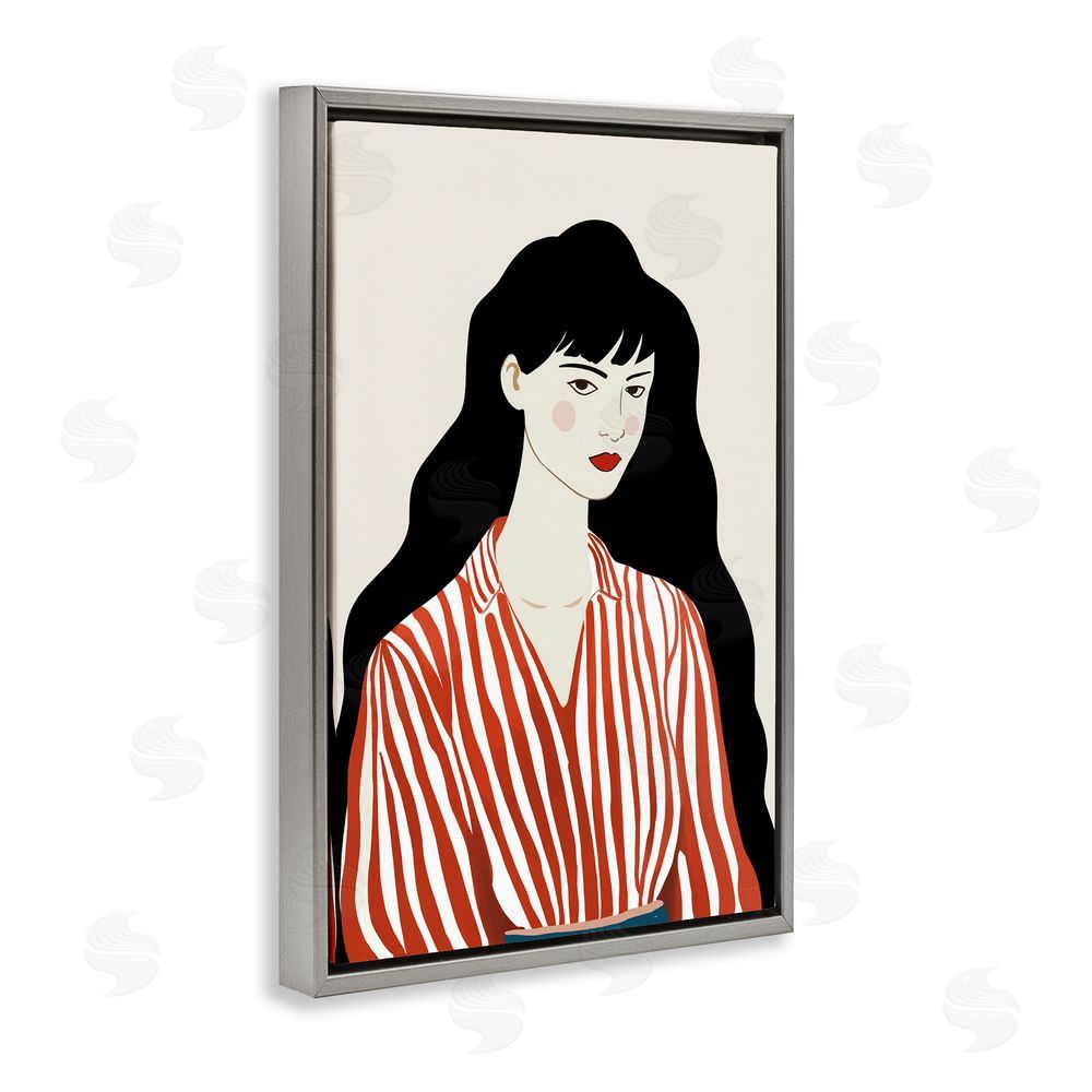 Omar Escalante Woman in Striped Blouse Gray Floating Framed Canvas Wall Art Print