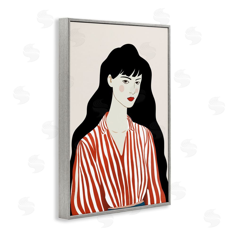 Omar Escalante Woman in Striped Blouse Gray Framed Giclee Wall Art Print