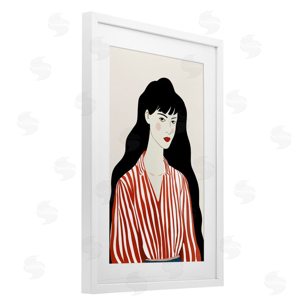 Omar Escalante Woman in Striped Blouse White Framed Print Under Glass with White Mat Wall Art